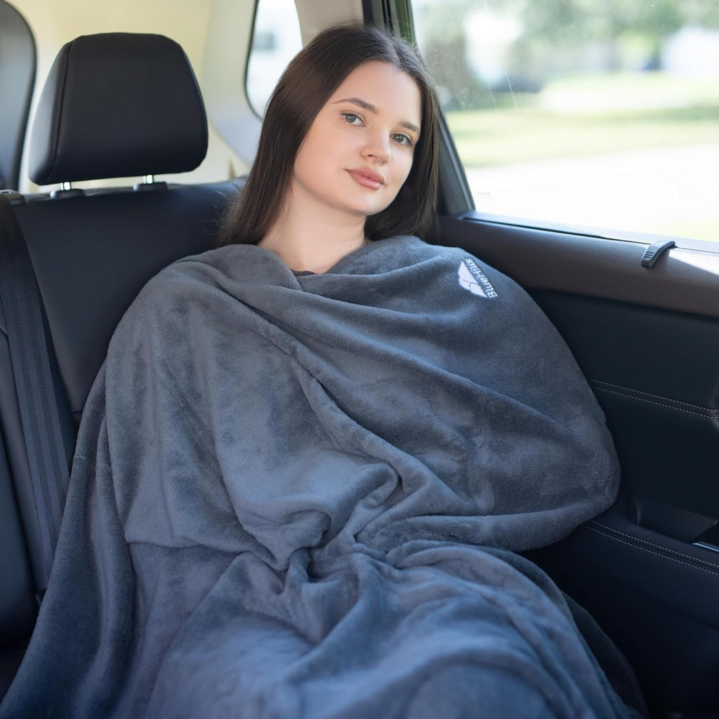 Premium Soft Travel Blanket Pillow 2-in-1 Airplane Warm - Gray | 2 in 1 Airplane Blanket Pillow, Hand Luggage Strap & Backpack Clip, Lightweight & Compact, Must Have Essential Travel Gifts - view 5