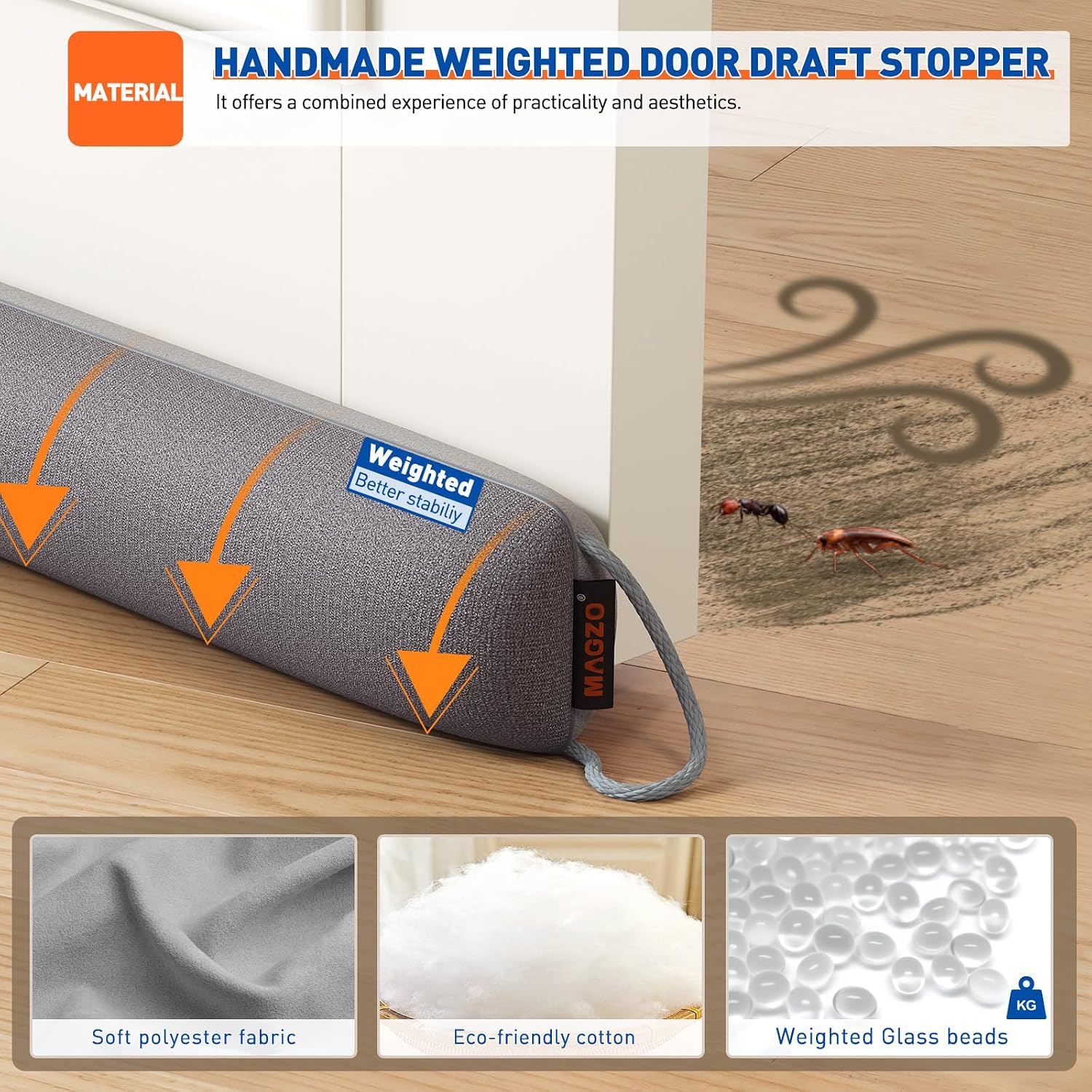 Door draft stopper 36 inches, energy saving, gray | weighted sound proofing for door draft blocker, under door gap filler with machine washable fabric - view 2