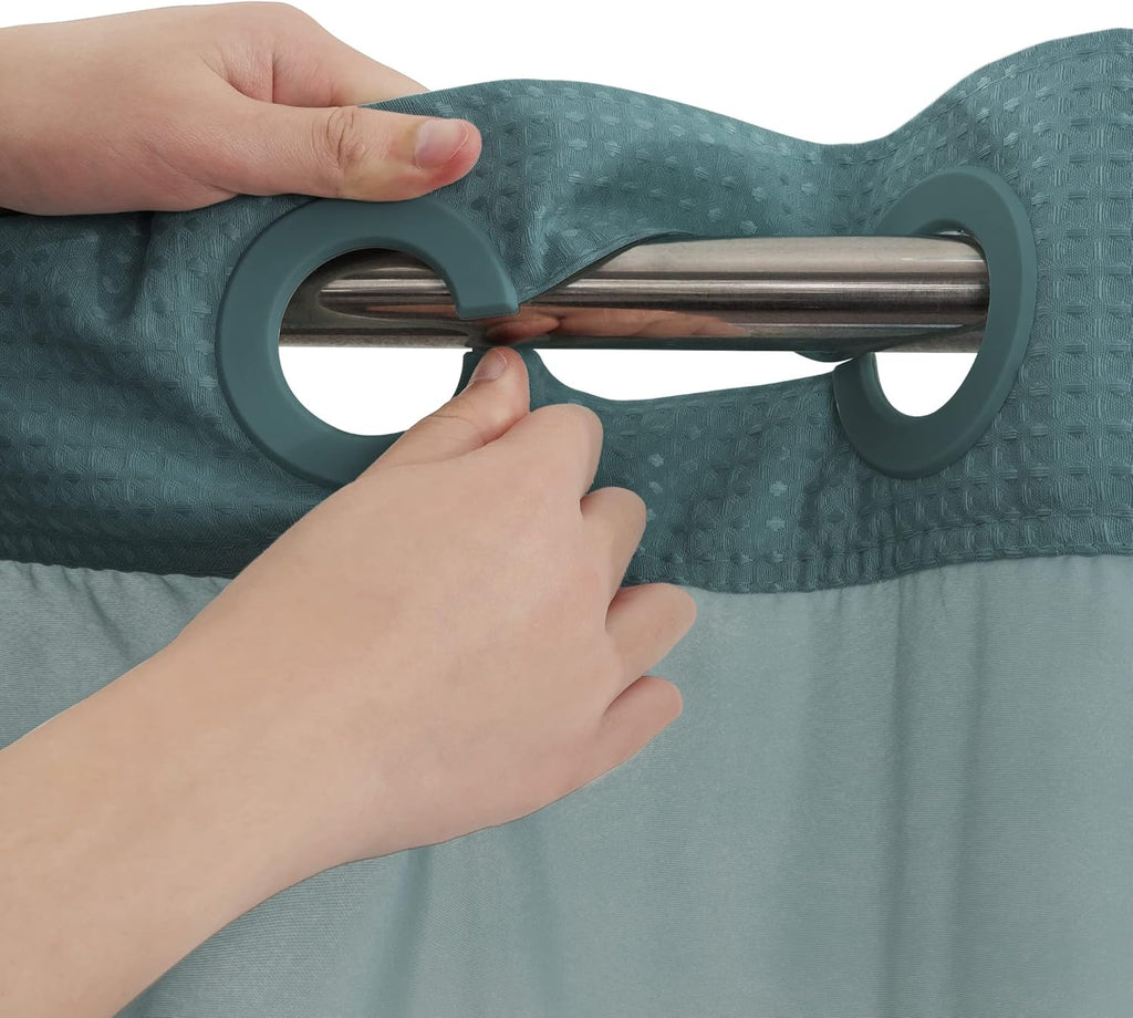 Heavyweight waffle no hook shower curtain with liner, teal, 71x74 | dotted waffle, snap-in liner, heavy duty, quick dry, mesh top window, with bottom magnets, hotel-grade, washable, standard size - view 3