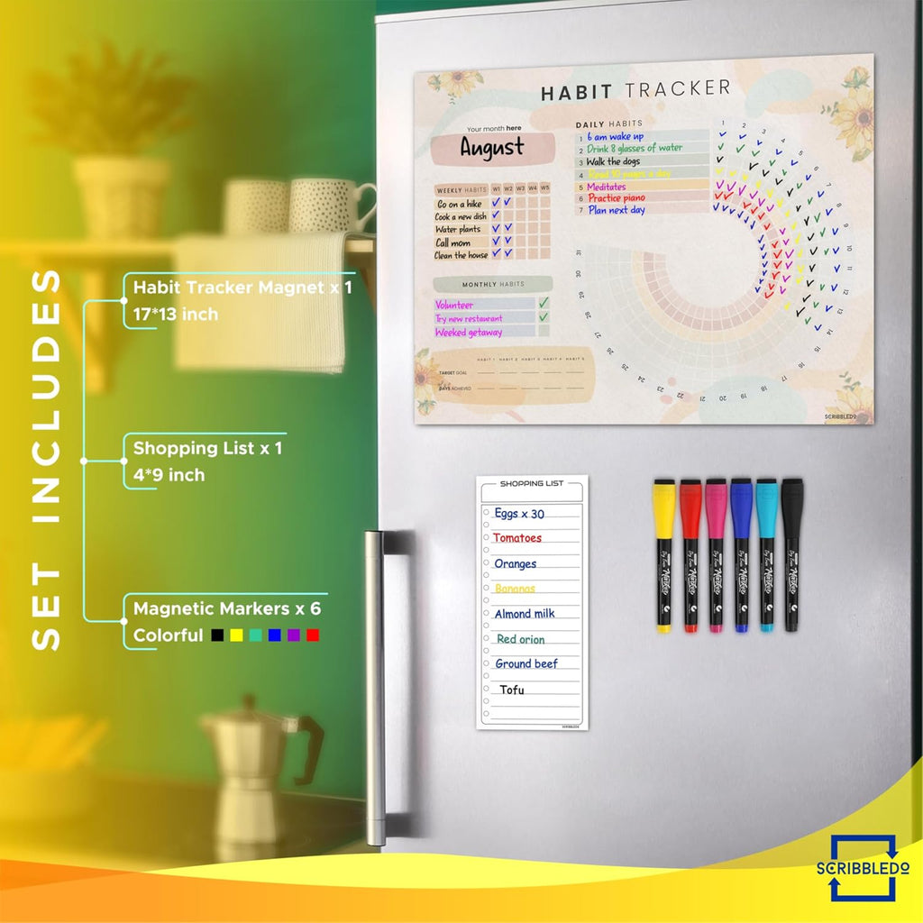 Habit Tracker Journal Workout Motivation Fridge Calendar Dry Erase 13” X 17” Magnet Health Fitness Goal Tracker Goals Board - With Shopping Grocery List - 6 Markers Included - view 2