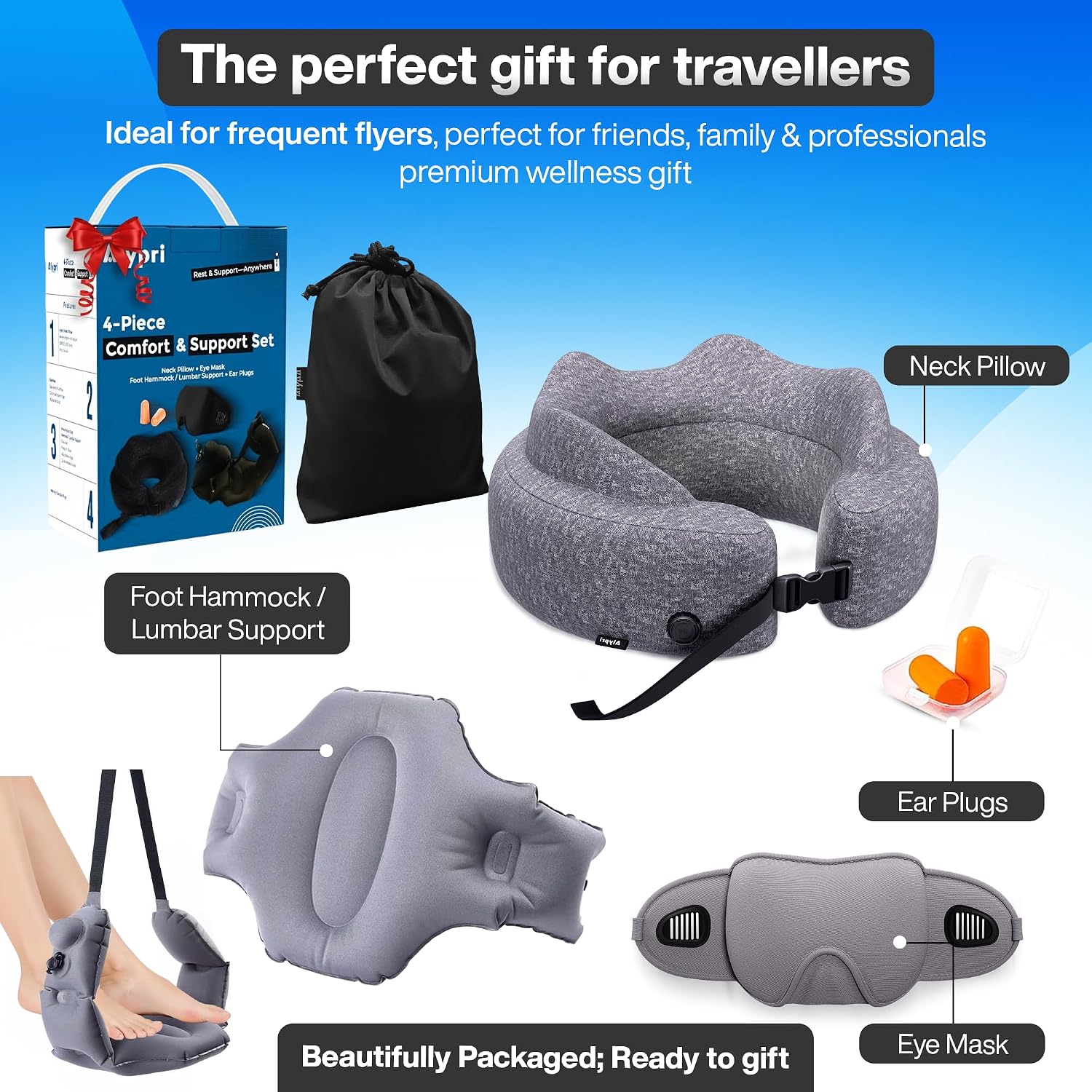 4-in-1 Travel Comfort Set Inflatable Neck Pillow, Convertible Lumbar Support & Foot Hammock, 3D Sleep Mask & Ear Plugs Complete Comfort Kit for Airplane, Office & Car Gift-Ready (Gray) - view 2