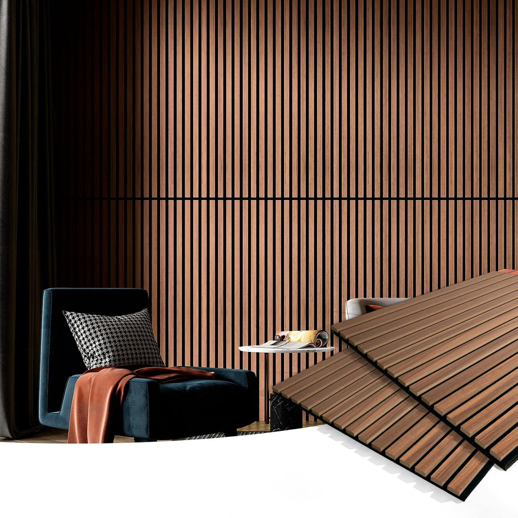 2 Wood Slat Acoustic Panels for Wall and Ceiling - 3D Fluted Sound Absorbing Panel with Wood Finish - Walnut | Noise Control, Easy to DIY, Natural Texture, Sustainable Material, Ideal for Homeowners, Designers, for Living Room, Office - view 2