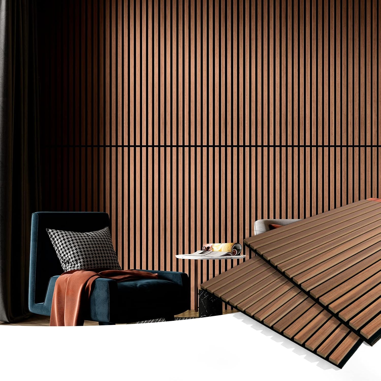 2 Wood Slat Acoustic Panels for Wall and Ceiling - 3D Fluted Sound Absorbing Panel with Wood Finish - Walnut | Noise Control, Easy to DIY, Natural Texture, Sustainable Material, Ideal for Homeowners, Designers, for Living Room, Office - view 2