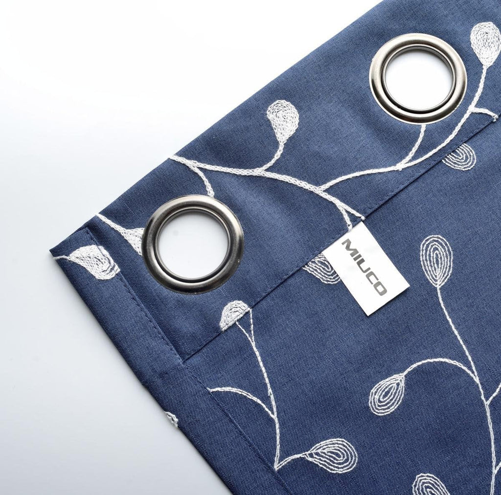 Floral embroidered semi sheer curtains faux linen grommet curtains for bedroom 52 x 84 inch 2 panels, navy blue - view 4