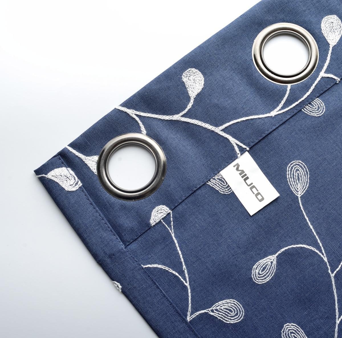 Floral embroidered semi sheer curtains faux linen grommet curtains for bedroom 52 x 84 inch 2 panels, navy blue - view 4