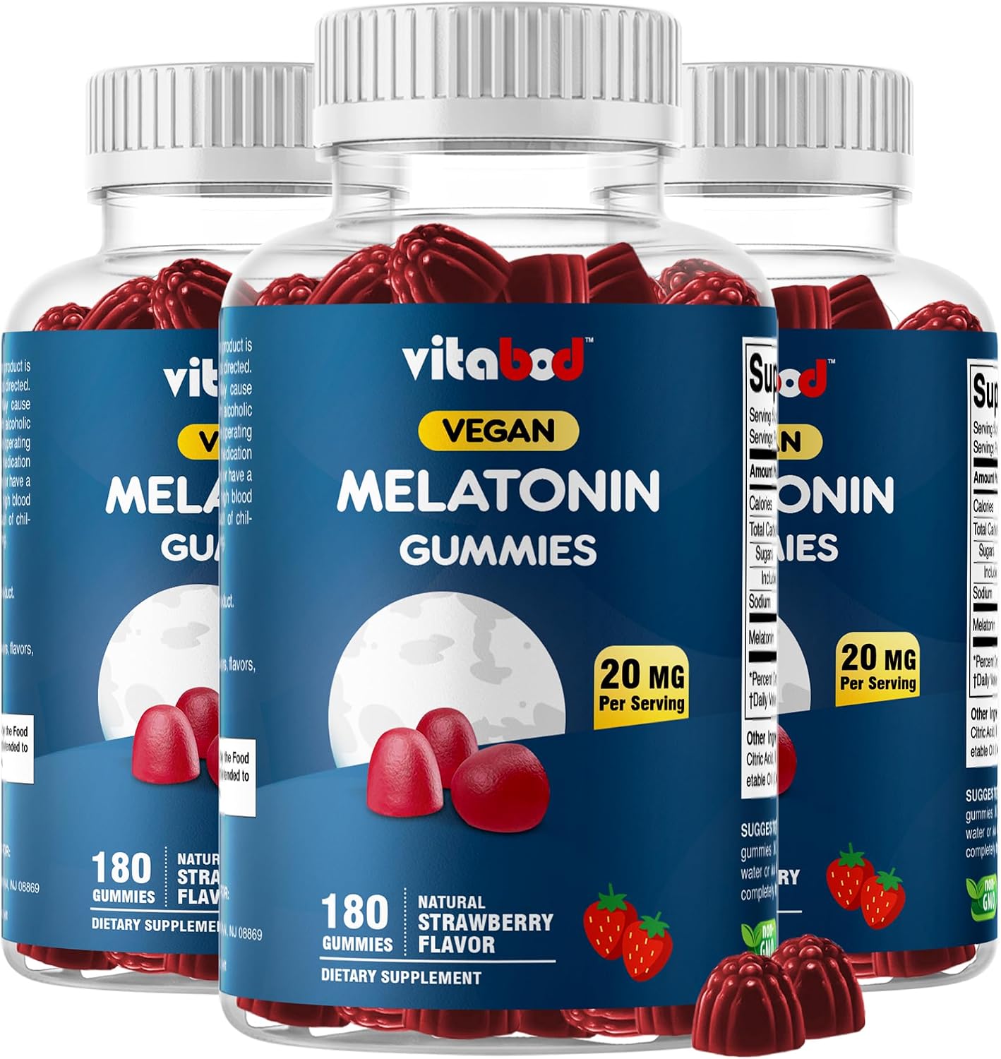 Melatonin 20mg Gummies - 180 Count - Drug Free - Natural Strawberry Flavor - Vegetarian, Non-GMO, Gluten Free (3 Bottles)