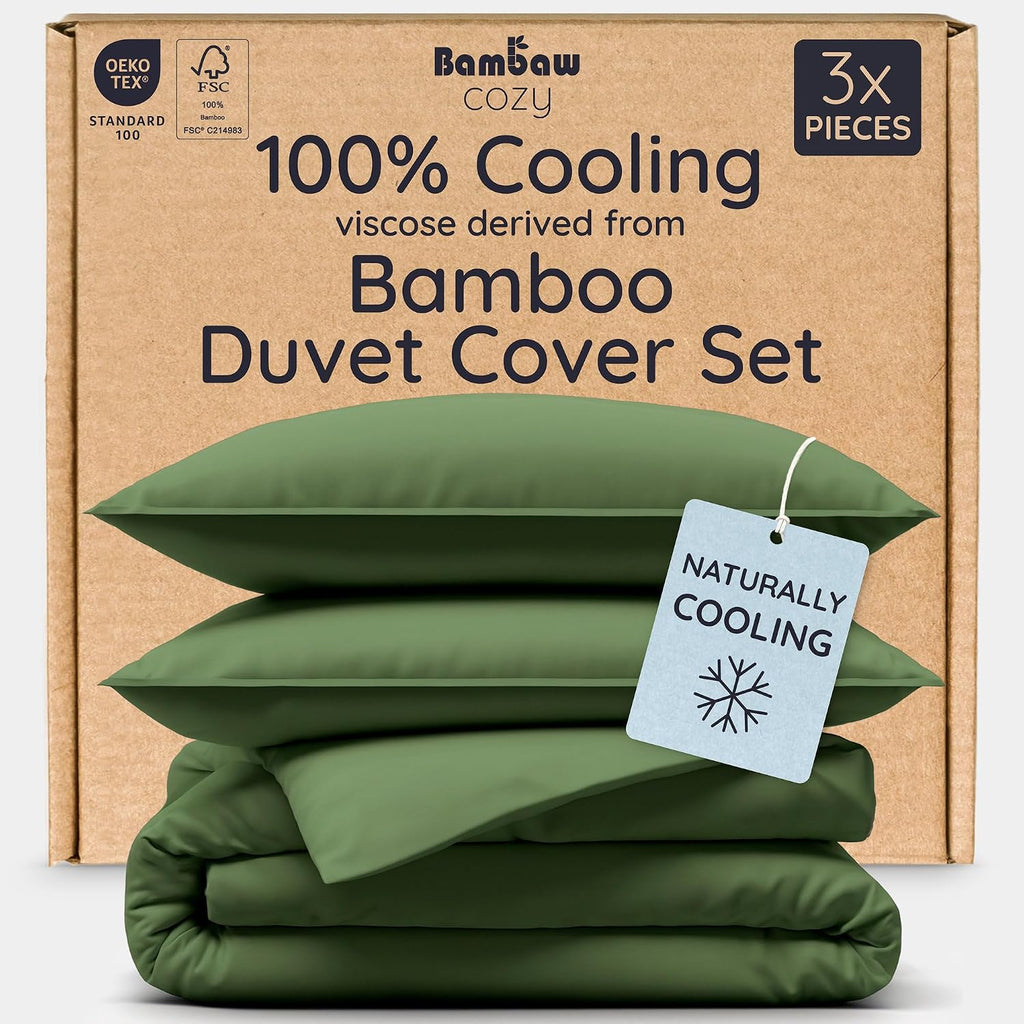 100% Viscose Derived from Bamboo Duvet Cover King Size – 3 Piece Cooling Duvet Cover Set, Super Soft & Breathable, Luxury Bedding, No Comforter (Olive)
