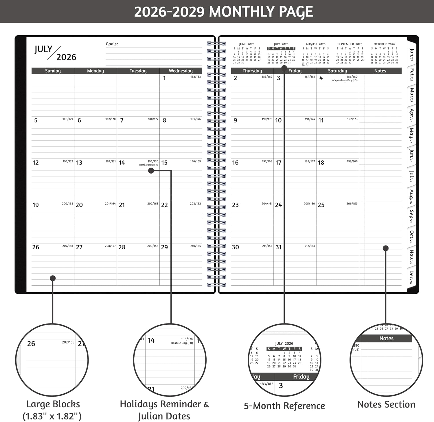 Monthly Planner 2026-2029, 36 Months Calendar Planner 2026-2029 from Jul 2026 – Jun 2029, 8.5'' x 11'' with Ruled Spread, Flexible Cover, Spiral Wirebound, Pocket, Coated Tabs, Notes ＆ Habit Tracker - view 3