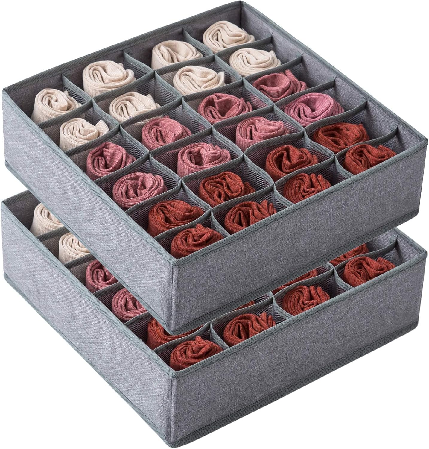 2 Pack Socks Underwear Drawer Organizer Divider | 24 Cell, Collapsible, Cabinet Closet Organizer Storage Boxes, For Clothes, Socks, Lingerie, Underwear, Ties