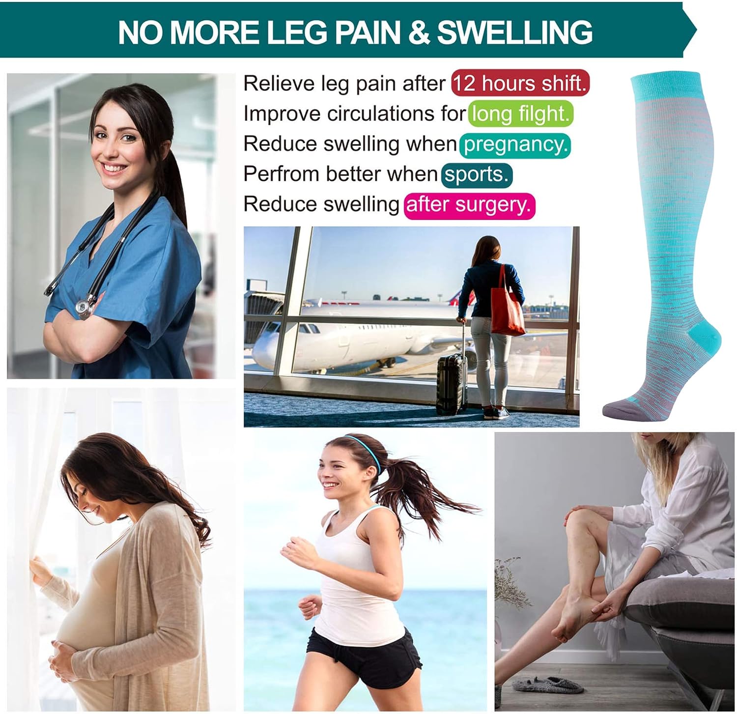 Compression socks women and men, 20-30mmHg, best for nurses, travel, pregnancy - view 2