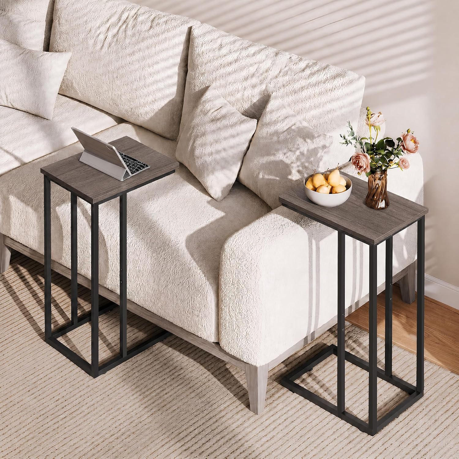 Small Side Table, C Shaped End Table for Couch, Sofa and Bed, Tv Tray Table that Slides Under for Living Room, Bedroom, Bedside, Gray and Black - view 5