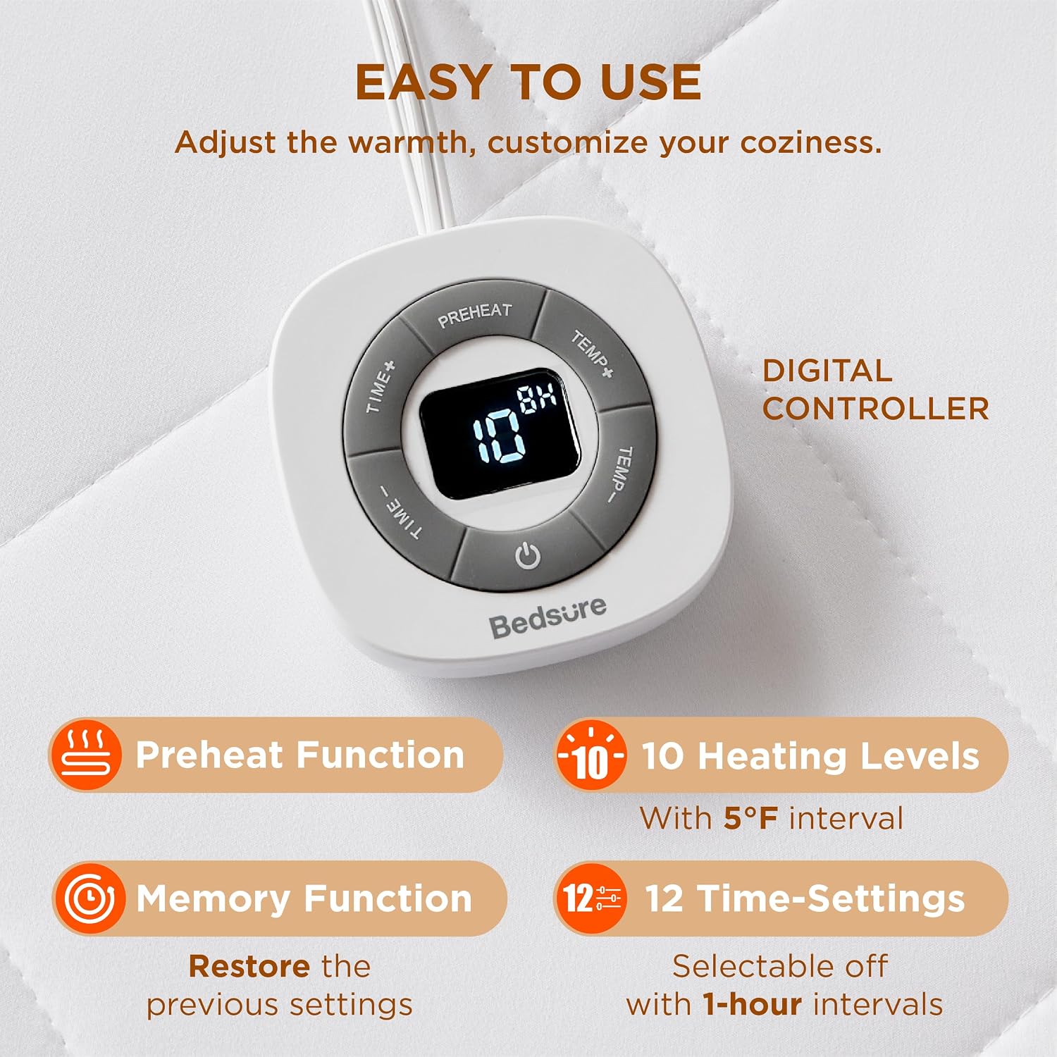 Bedsure Removable Heated Mattress Pad Twin, Electric Bed Warmer | Fast Heating, 74 Safety Tests, ETL&FCC Certified, 1-12 H Auto Off, 10 Heat Settings, 18" Deep Pocket, Single Control, 39"x75" - view 4