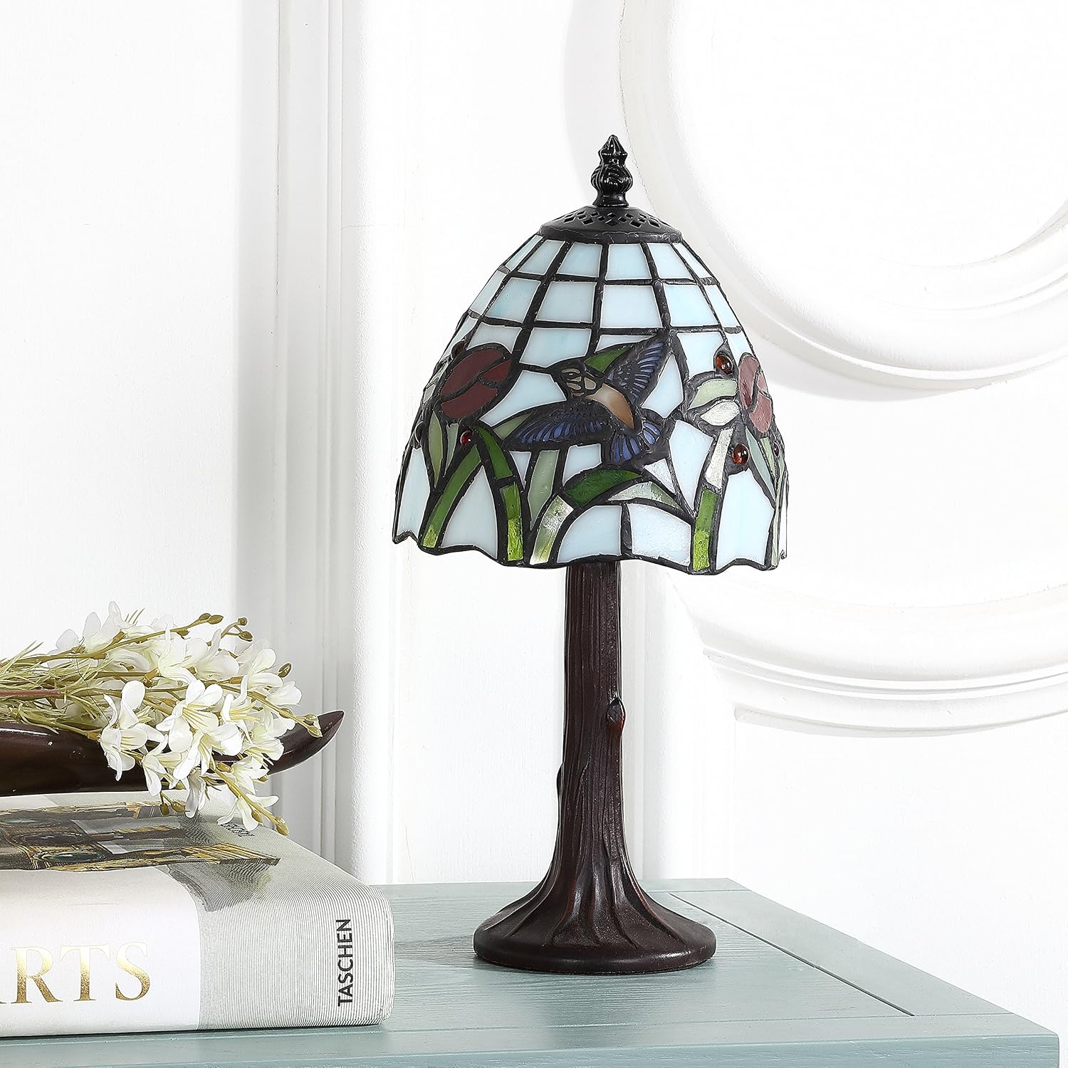 Hummingbird Tiffany-style table lamp 12" stained glass, bronze | handcrafted multicolored bell shade, traditional bedside accent desk lighting, metal base, LED bulb included - view 6