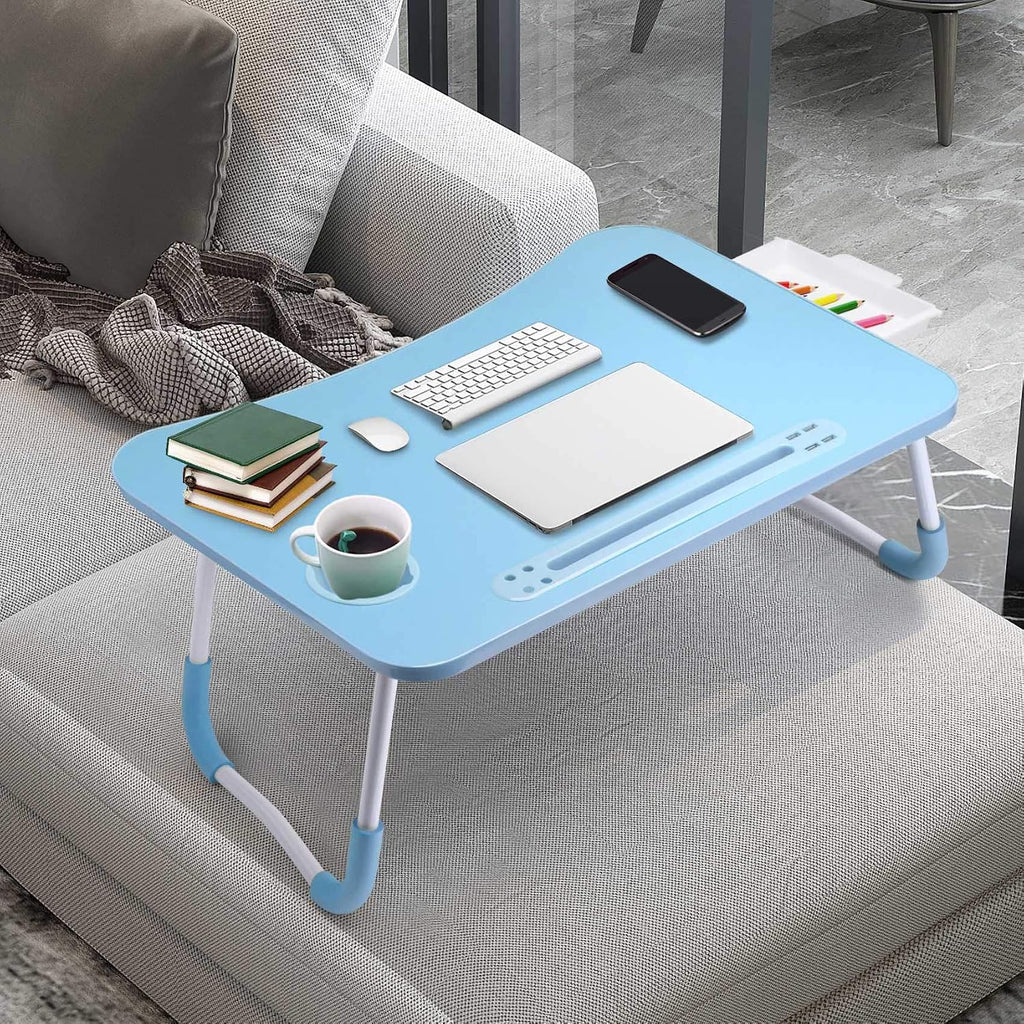 Bed desk for laptop and writing with storage, cup holder, light, fan, pen holder, tablet holder, foldable, for bed, couch, floor, portable, blue - view 6