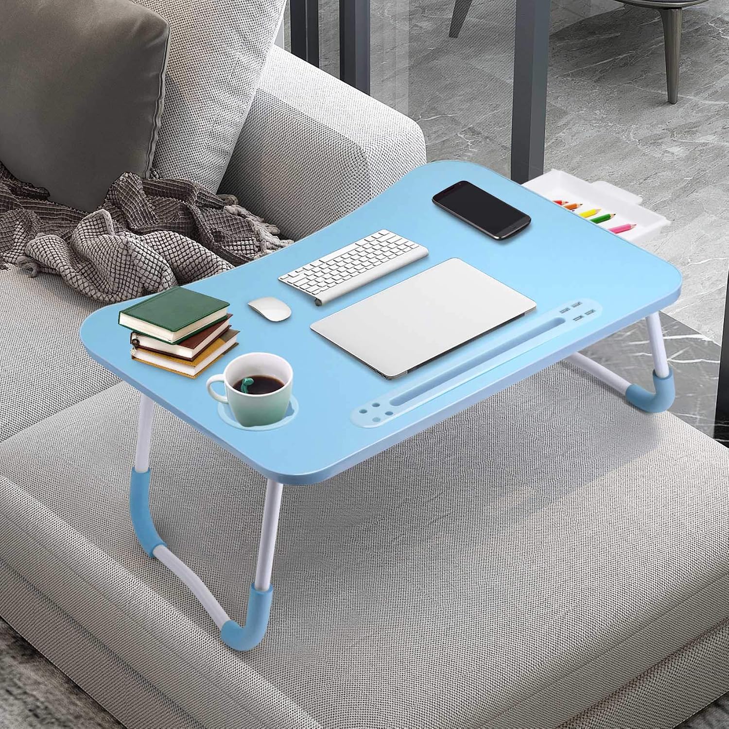 Bed desk for laptop and writing with storage, cup holder, light, fan, pen holder, tablet holder, foldable, for bed, couch, floor, portable, blue - view 6