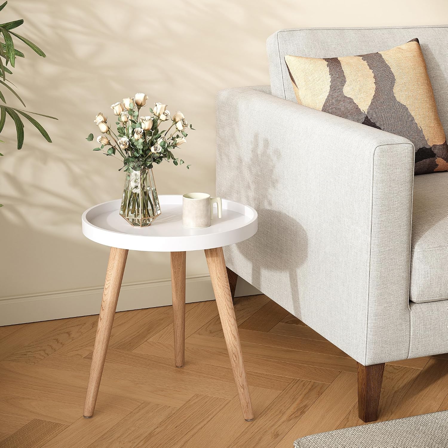 Round Side Table, White Tray Nightstand Coffee End Table for Living Room, Bedroom, Small Spaces, Easy Assembly Bedside Table, 15 x 18 Inches - view 4