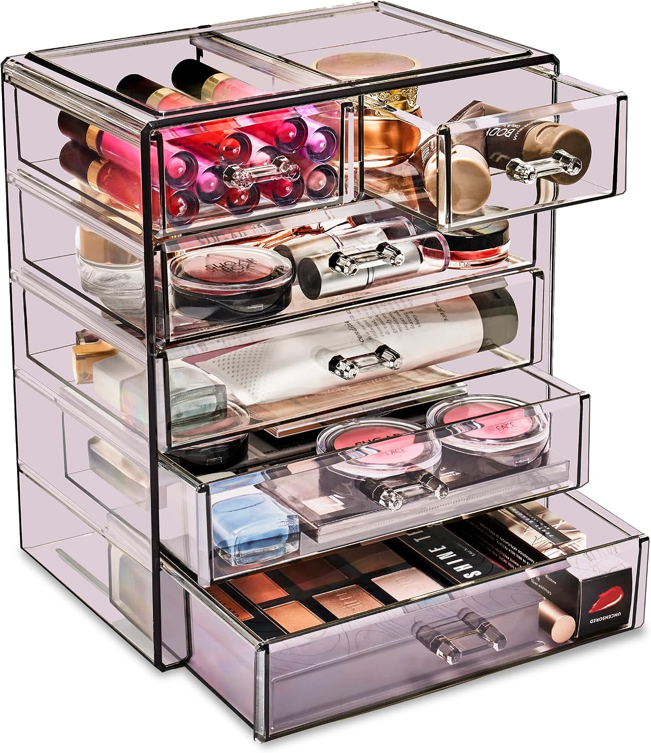 Acrylic Makeup Organizer Set, 6-Drawer Vanity & Countertop Cosmetic Storage with Small & Wide Drawers, Purple Makeup Storage for Brushes, Lipsticks, Jewelry – Holiday Gift for Women & Teens