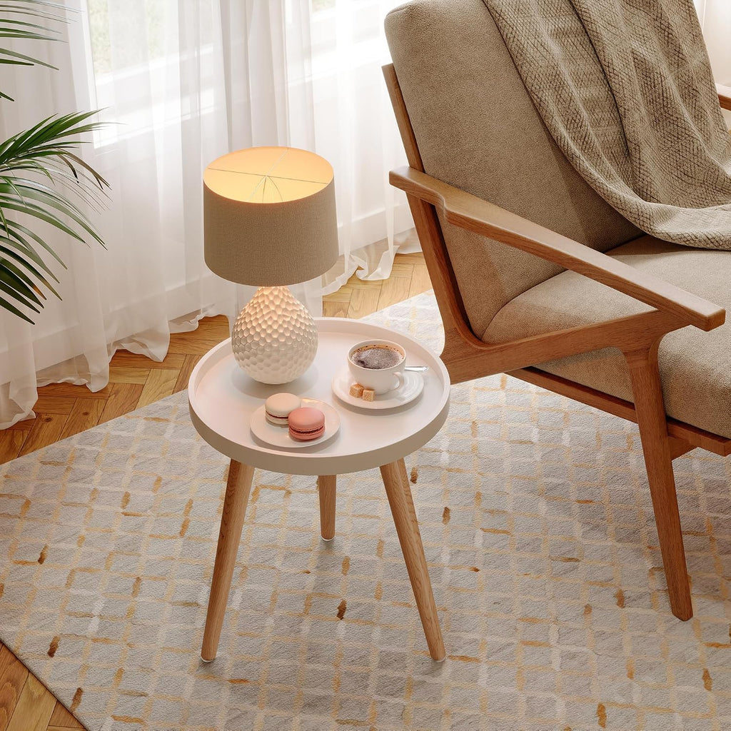 Round Side Table, White Tray Nightstand Coffee End Table for Living Room, Bedroom, Small Spaces, Easy Assembly Bedside Table, 15 x 18 Inches - view 7
