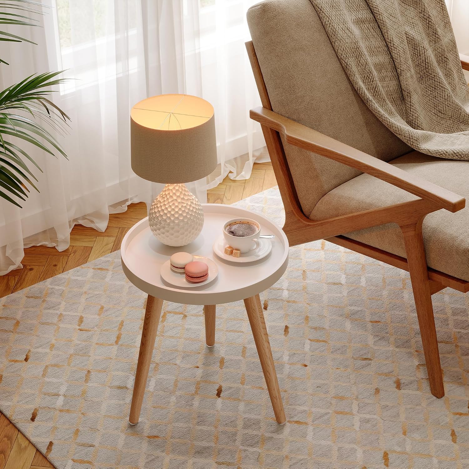 Round Side Table, White Tray Nightstand Coffee End Table for Living Room, Bedroom, Small Spaces, Easy Assembly Bedside Table, 15 x 18 Inches - view 7