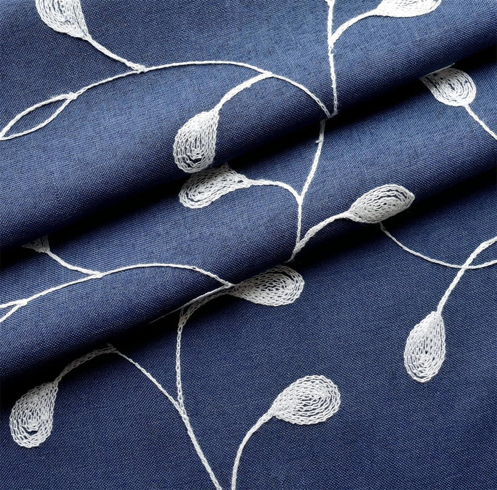 Floral embroidered semi sheer curtains faux linen grommet curtains for bedroom 52 x 84 inch 2 panels, navy blue - view 6