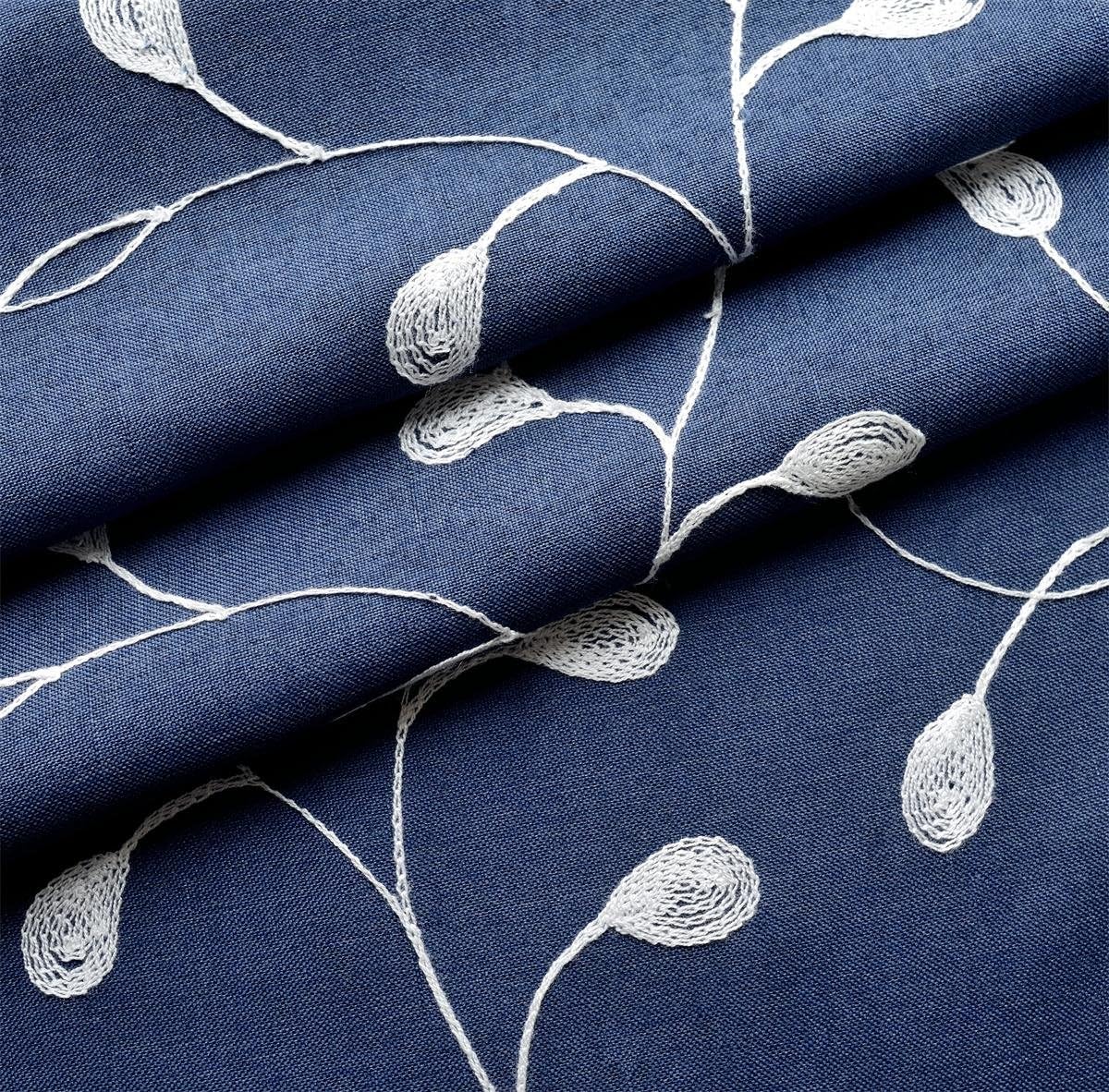 Floral embroidered semi sheer curtains faux linen grommet curtains for bedroom 52 x 84 inch 2 panels, navy blue - view 6