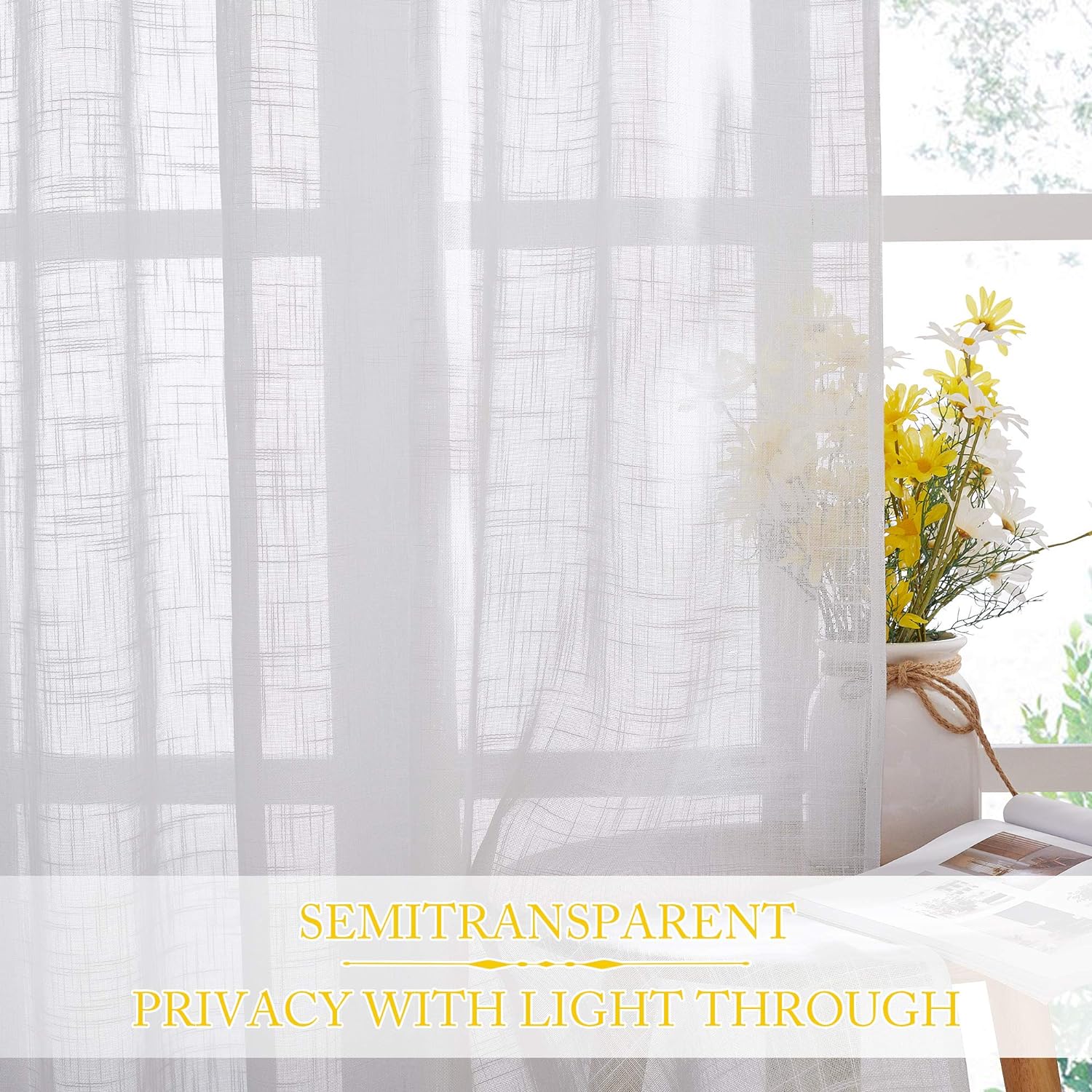 White Sheer Linen Curtains for Windows 84 inch Length, Grommet Top Semi Sheer Vertical Drapes Privacy with Light Filter for Bedroom/Living Room/Sliding Door, 52 inch Wide, 2 PCs - view 5