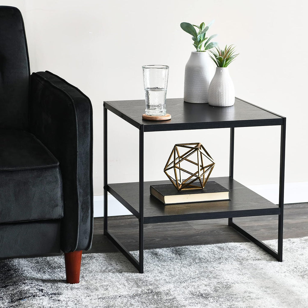 Square Side End Table with Storage Shelf, Oak Wood Grain and Black Metal Frame, Black - view 2