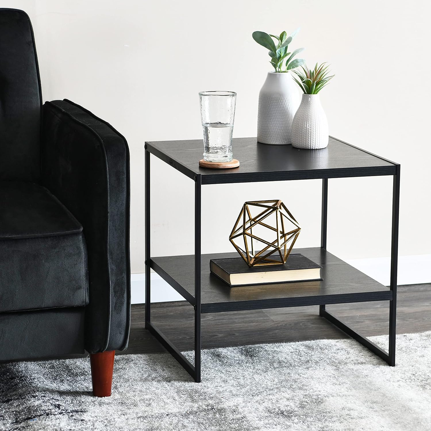 Square Side End Table with Storage Shelf, Oak Wood Grain and Black Metal Frame, Black - view 2