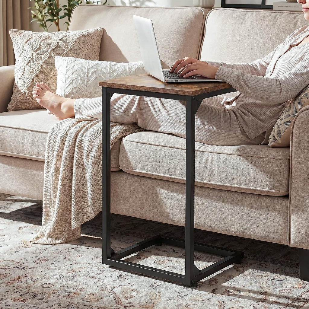 Couch Side Table, 26.37" Tall C Shaped End Table Set of 2 | TV Trays That Slide Under Sofa, Slim Laptop Workstation for Living Room Bedroom Small Spaces, Rustic Brown - view 2
