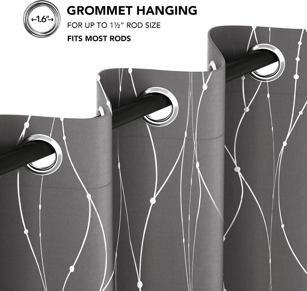 Blackout Curtains, Light Grey Thermal Grommet Drapes, Silver Wave Dots Foil Print, Thermal Window Panels, 52" W x 84" L, 2 Panels, for Bedroom Living Room Nursery Office - view 8
