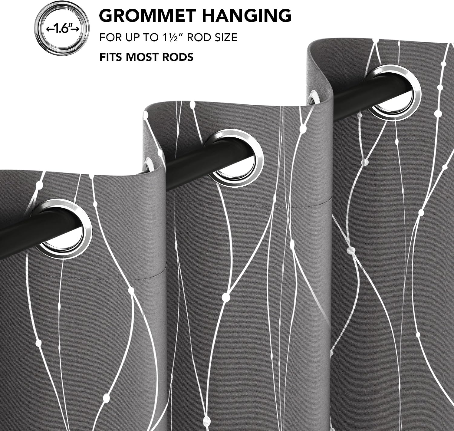 Blackout Curtains, Light Grey Thermal Grommet Drapes, Silver Wave Dots Foil Print, Thermal Window Panels, 52" W x 84" L, 2 Panels, for Bedroom Living Room Nursery Office - view 8