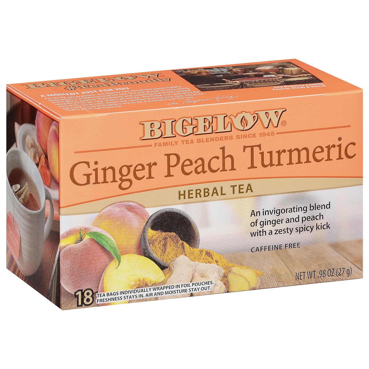 Ginger Peach Turmeric Herbal Tea, 18 Count (Pack of 6) | Caffeine Free Tea with Ginger and Peach, 108 Total Tea Bags