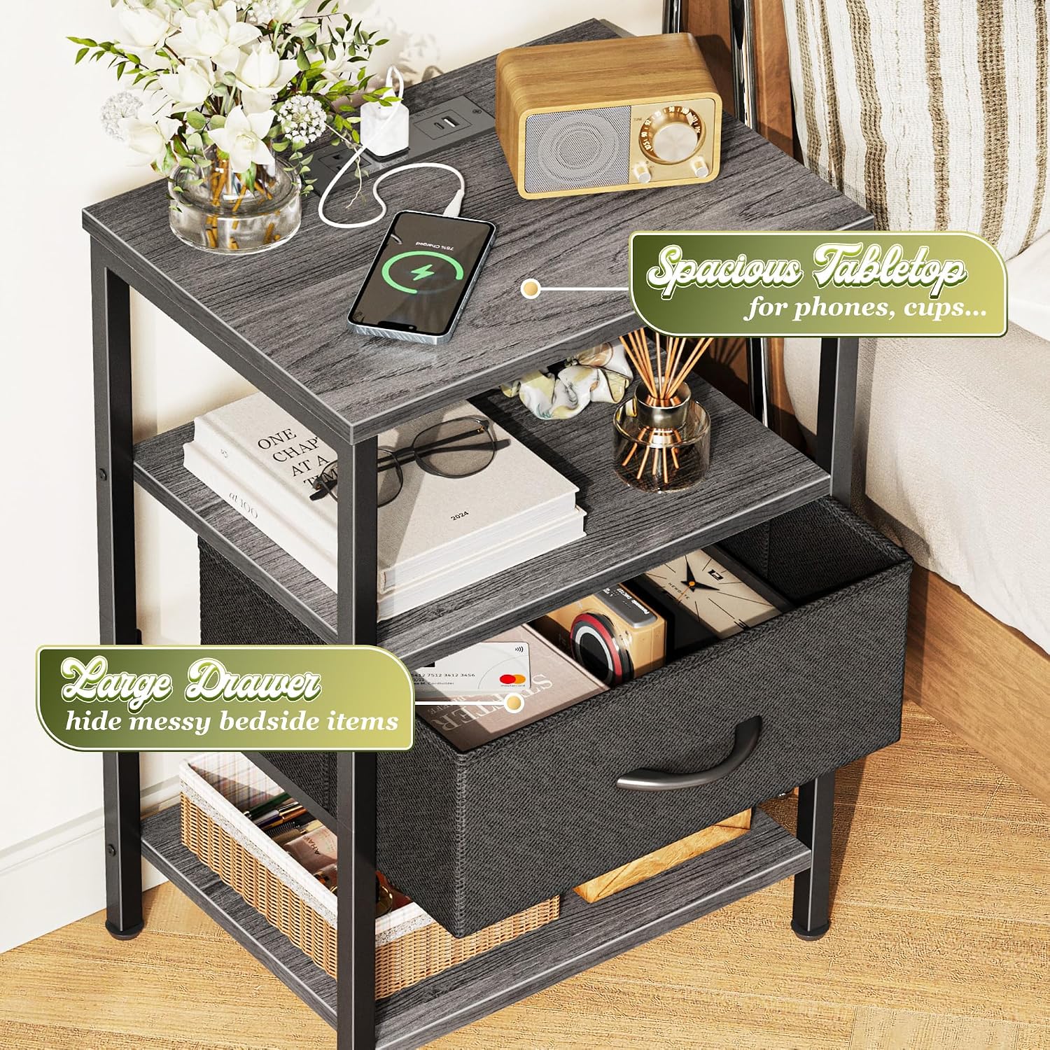 Nightstand with charging station, bed side table with adjustable fabric drawer, night stand for bedroom, 3-tier storage end table, for living room, Charcoal gray - view 5
