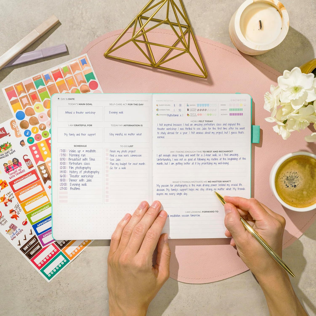 Self-care journal for women, daily planner 5.8x8.3 turquoise | 3-month mental health journal, habit tracker, wellness journaling supplies for women & teen girls, gratitude & mood log - view 6
