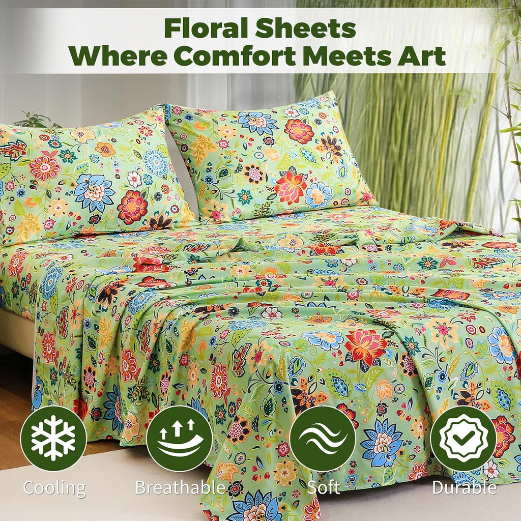 King Floral 4-Piece Sheet Set - Cooling Sheets Blend Rayon Derived from Bamboo,Soft & Breathable, Deep Pocket 16", Wrinkle Resistant - Vibrant Boho Floral Sage Green - view 3