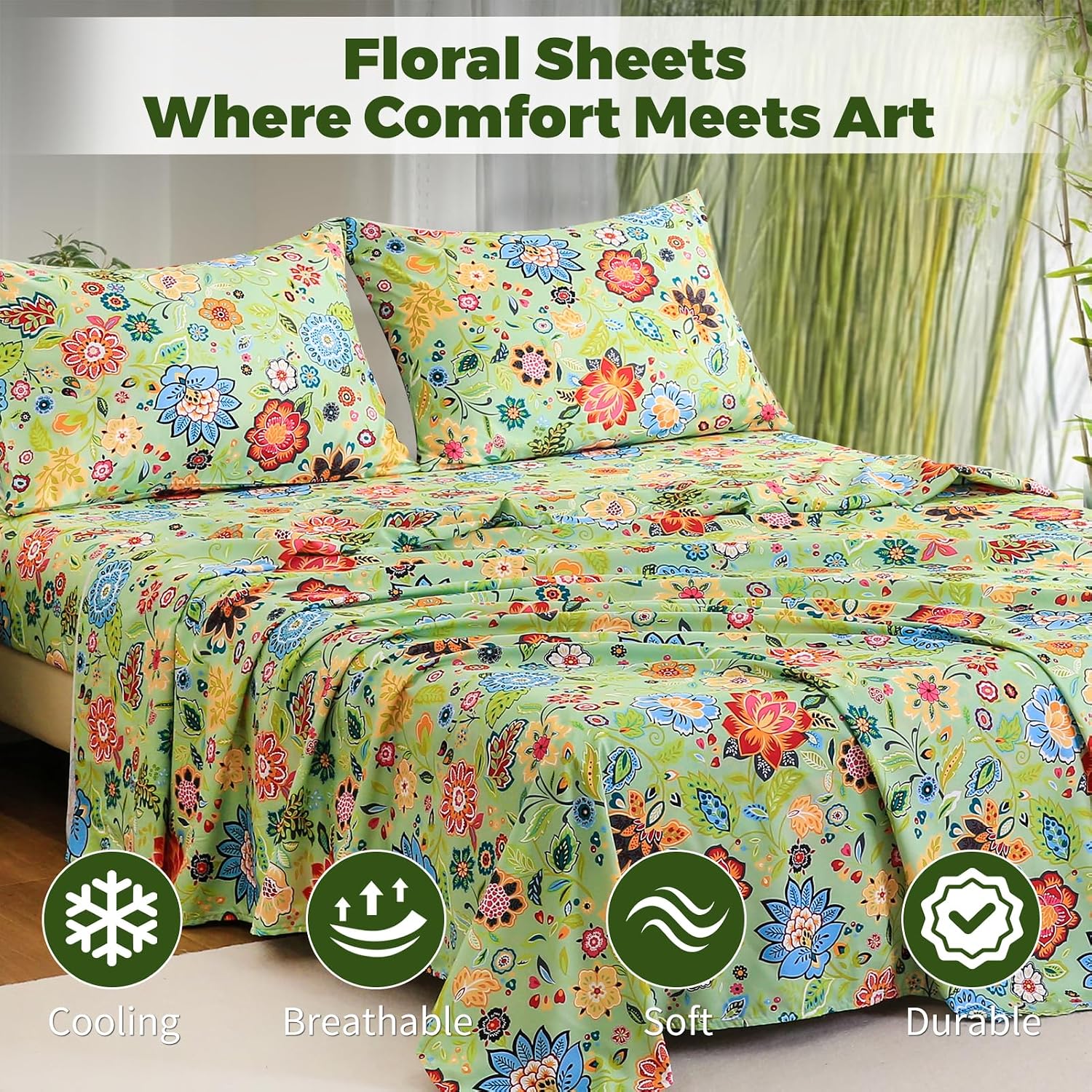 King Floral 4-Piece Sheet Set - Cooling Sheets Blend Rayon Derived from Bamboo,Soft & Breathable, Deep Pocket 16", Wrinkle Resistant - Vibrant Boho Floral Sage Green - view 3
