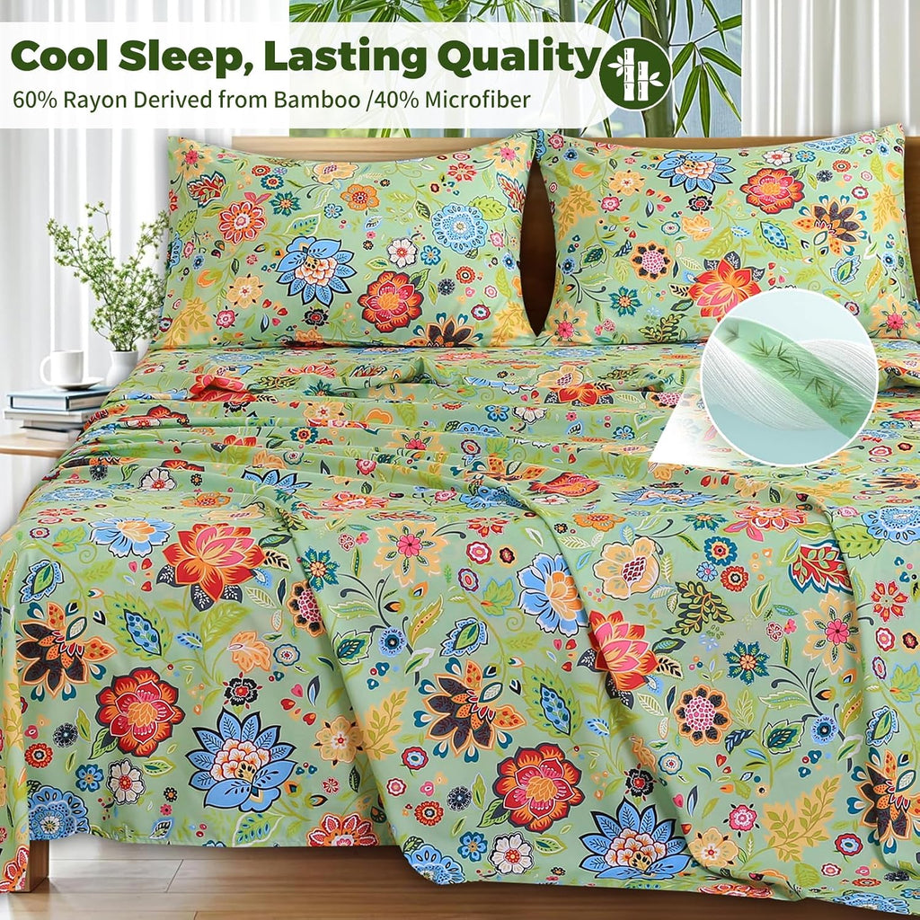 King Floral 4-Piece Sheet Set - Cooling Sheets Blend Rayon Derived from Bamboo,Soft & Breathable, Deep Pocket 16", Wrinkle Resistant - Vibrant Boho Floral Sage Green - view 2