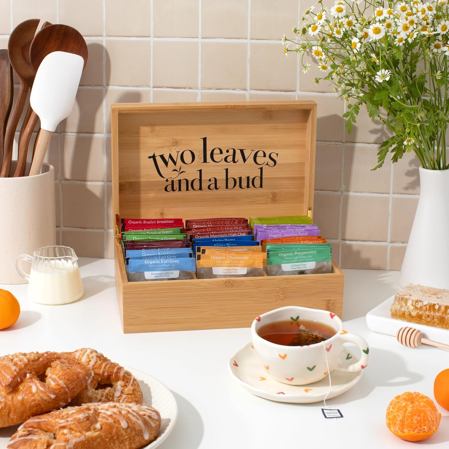 Organic Tea Sampler in 6-Slot Bamboo Presentation Box | Filled Gift Box with Tea Assortment of Green, Black, and Herbal Teas - view 3