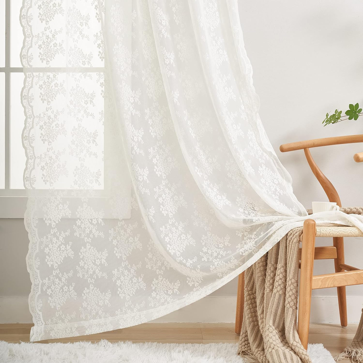 Vintage Lace Curtains 84 Inches Long-Victorian Floral Pattern Ivory Sheer Curtain Panels for Living Room Bedroom French Door, Light Filtering Drapes, 2 Panels 52W x 84L Cream - view 3
