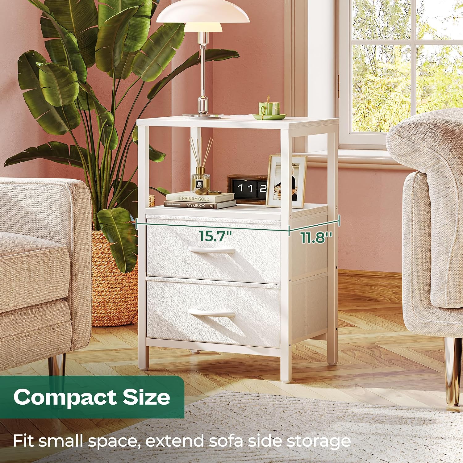 Nightstand with charging station, side table with 2 fabric drawers, end table with open shelf, bedside table with USB-C port and outlets, night stand, PU leather, White - view 6