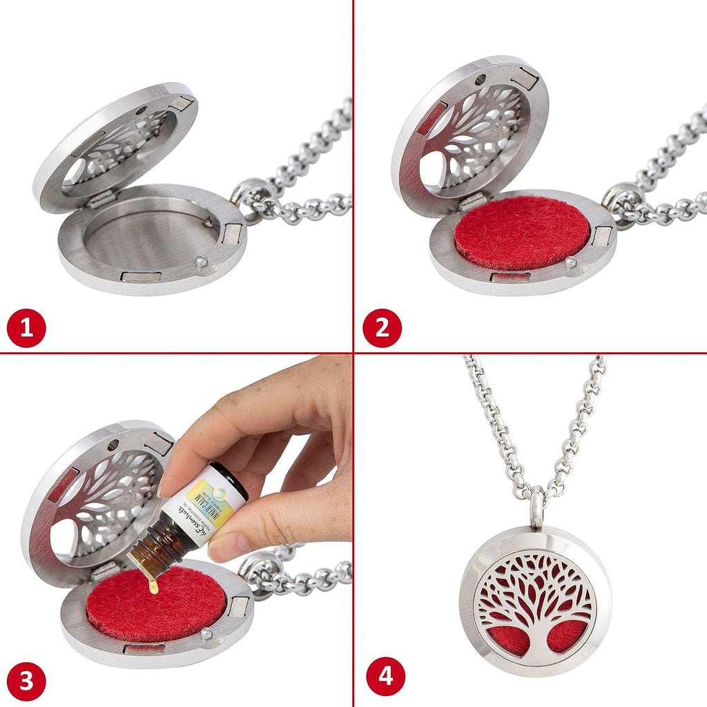 Tree of life essential oil diffuser necklace, stainless steel locket pendant with 24 inch chain, 12 color refill pads, customizable color changing perfume jewelry for aromatherapy - view 4