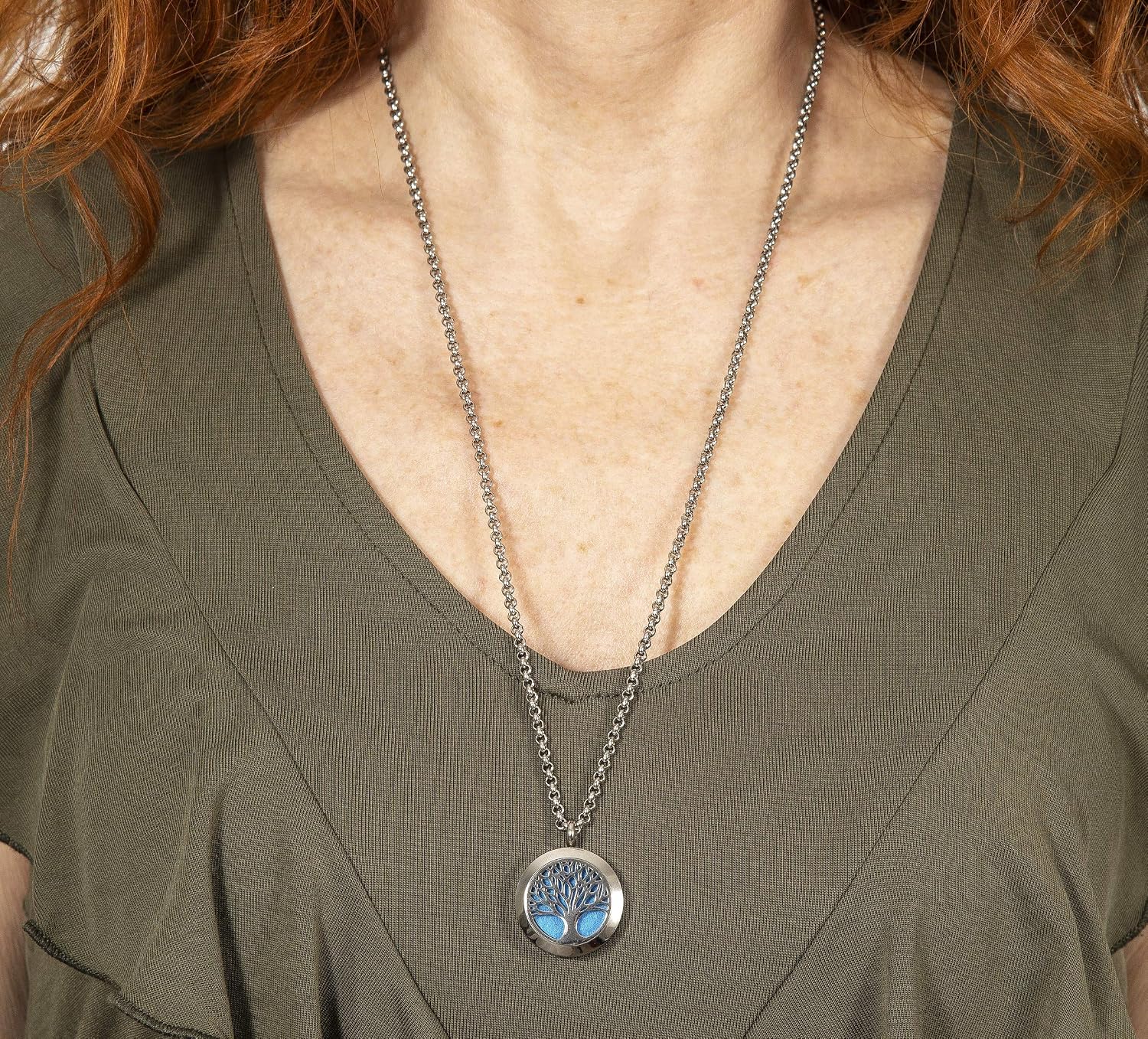 Tree of life essential oil diffuser necklace, stainless steel locket pendant with 24 inch chain, 12 color refill pads, customizable color changing perfume jewelry for aromatherapy - view 6