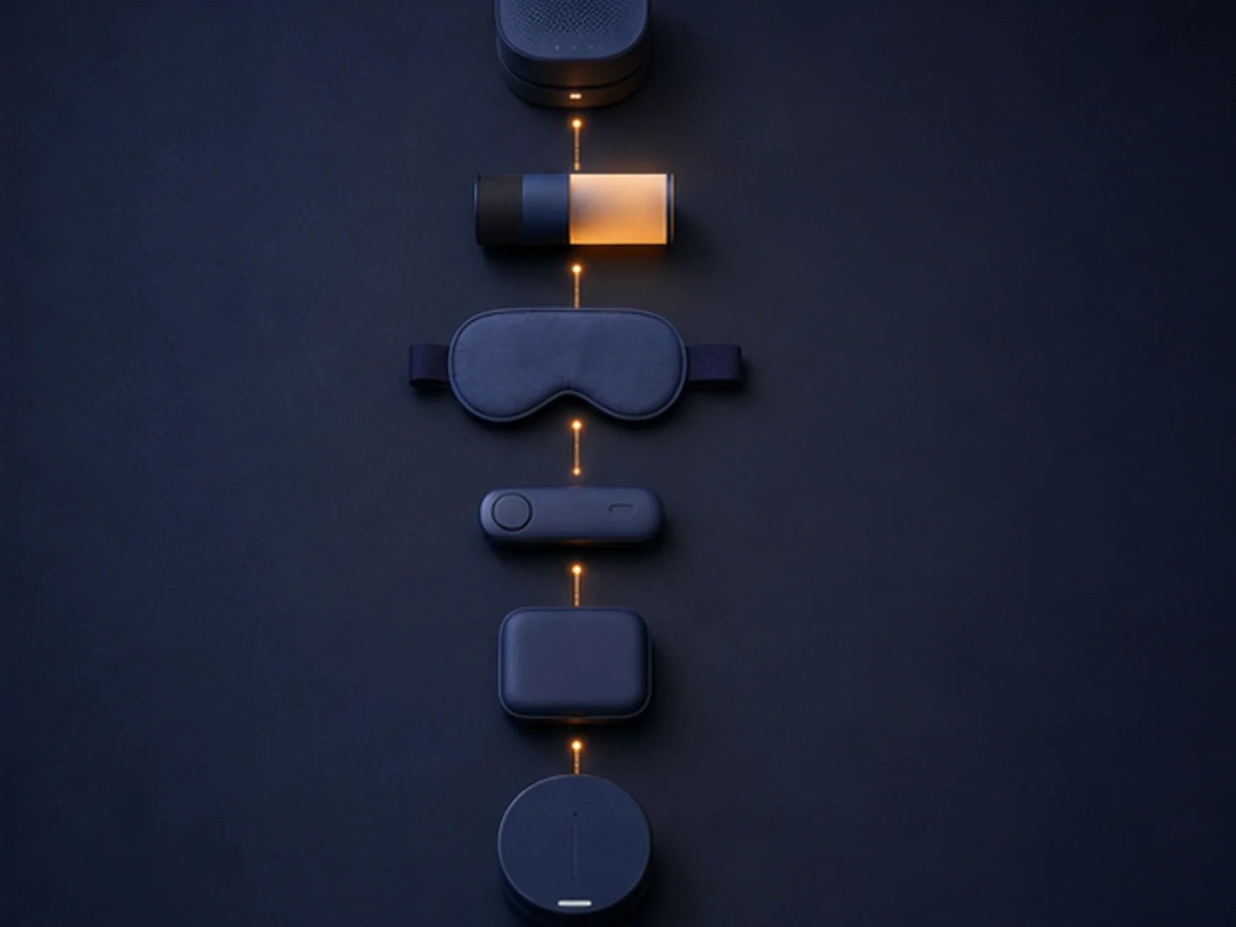 Shadehour objects arranged from dusk to morning on a cool-toned bedside surface