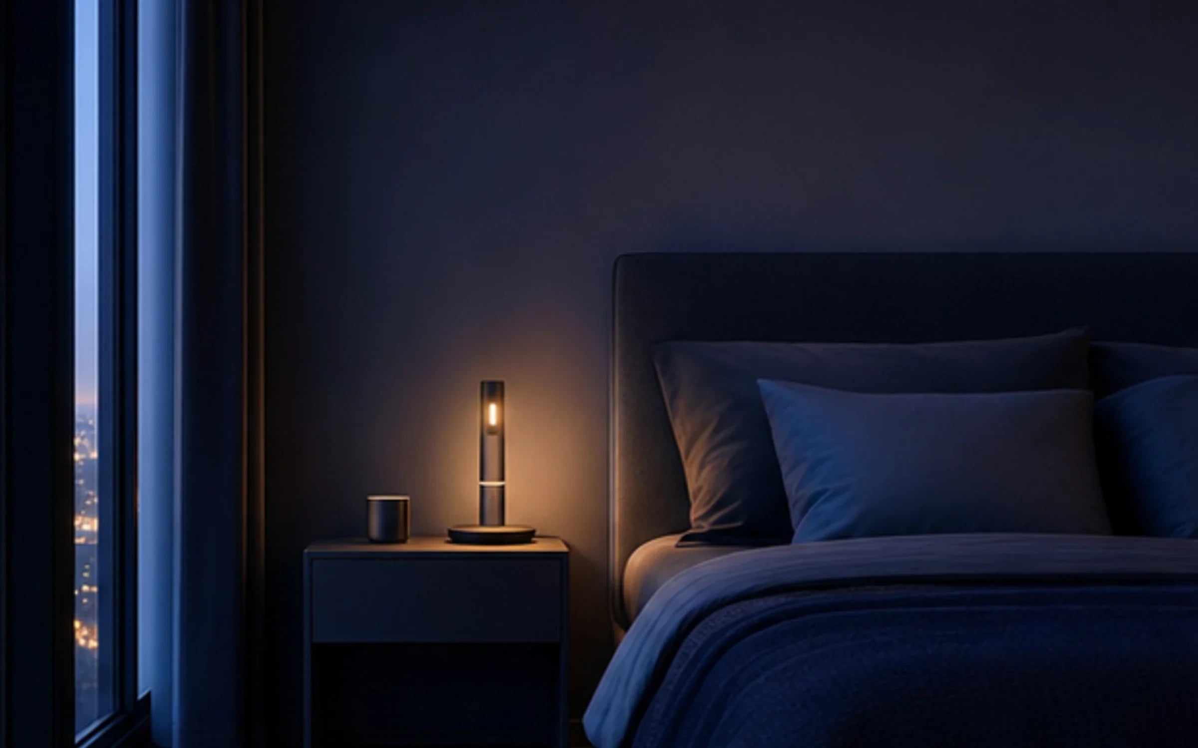 A calm indigo bedroom at dusk with a neatly arranged Shadehour bedside routine