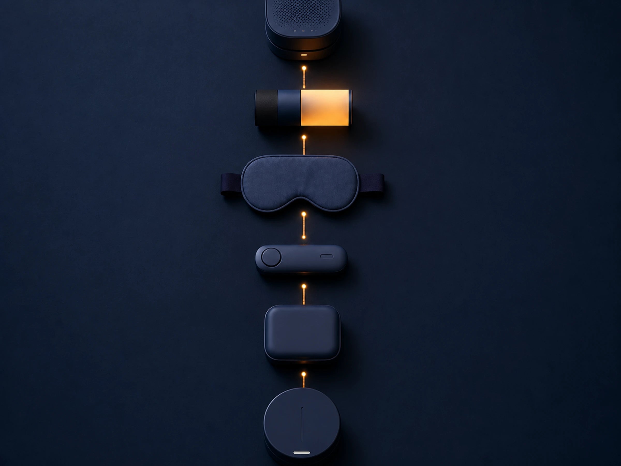 Shadehour objects arranged from dusk to morning on a cool-toned bedside surface